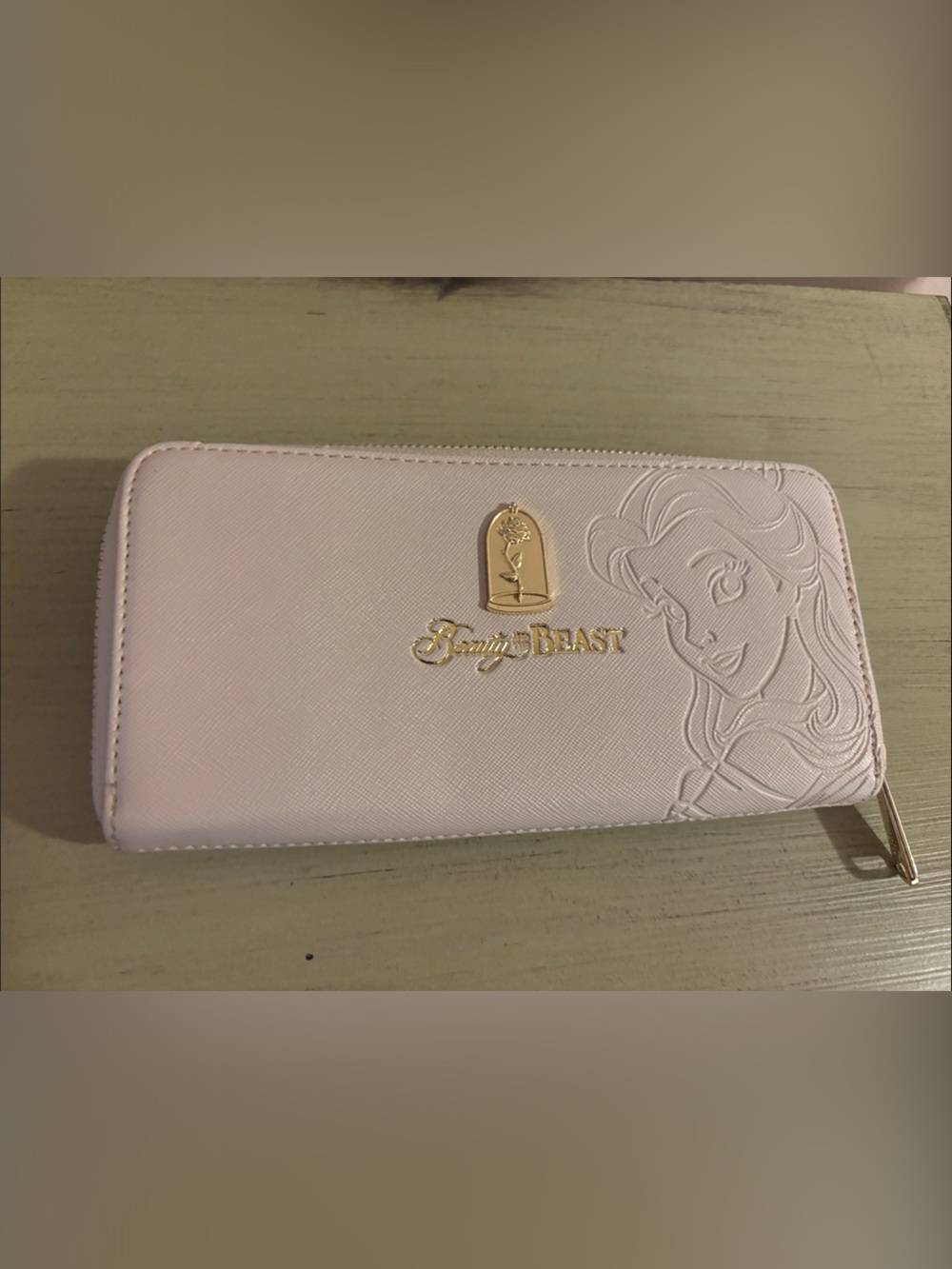 Disney Beauty and the Beast Light Pink Zip Wallet with Gold Accents